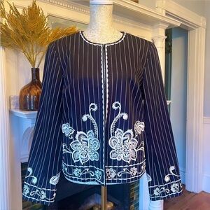 OSCAR DE LA RENTA Navy/Black & White Pinstriped Embroidered Floral Jacket Size 6